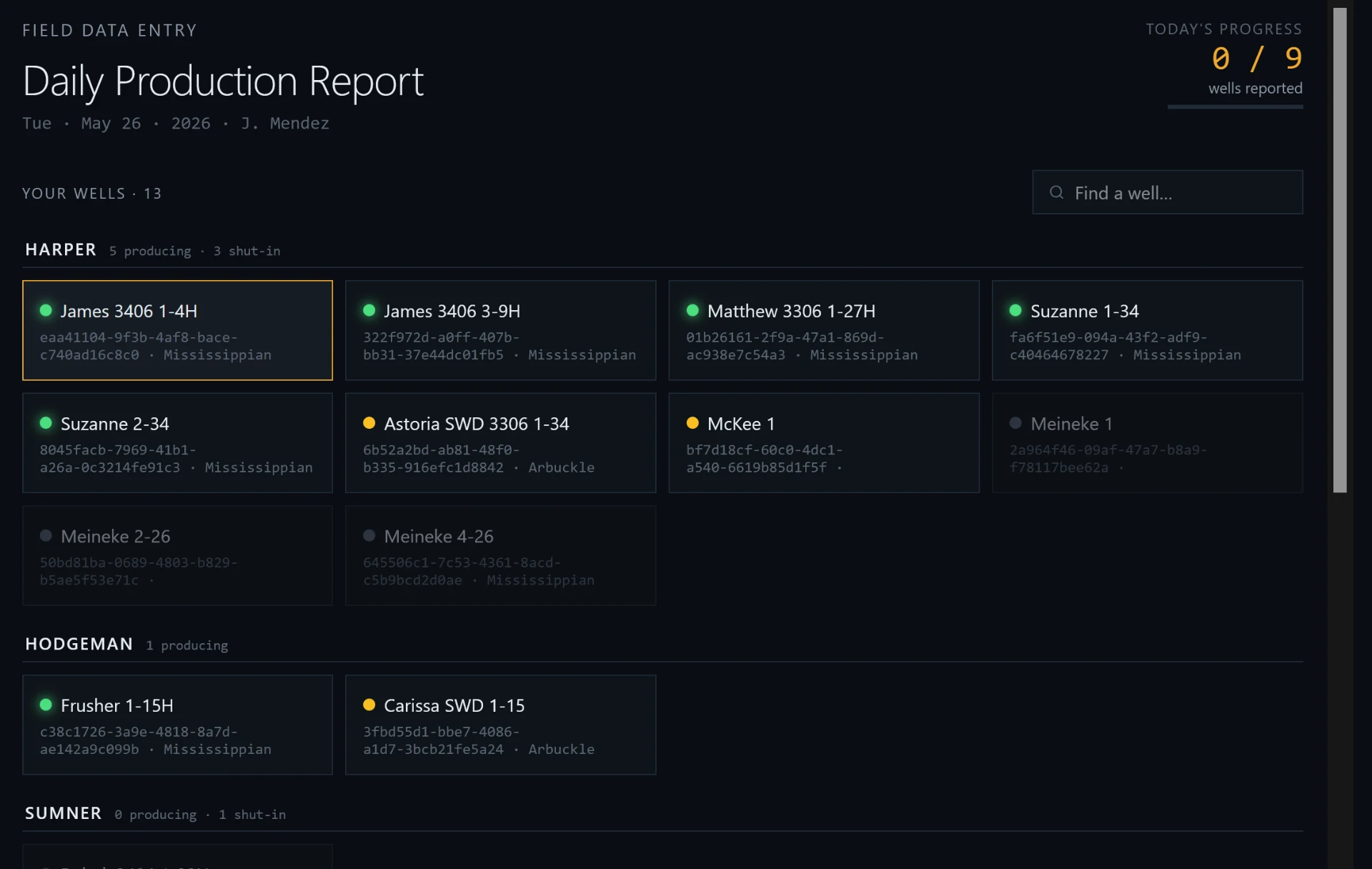 Heartland Tech daily production report screen grouping wells by county with completion progress