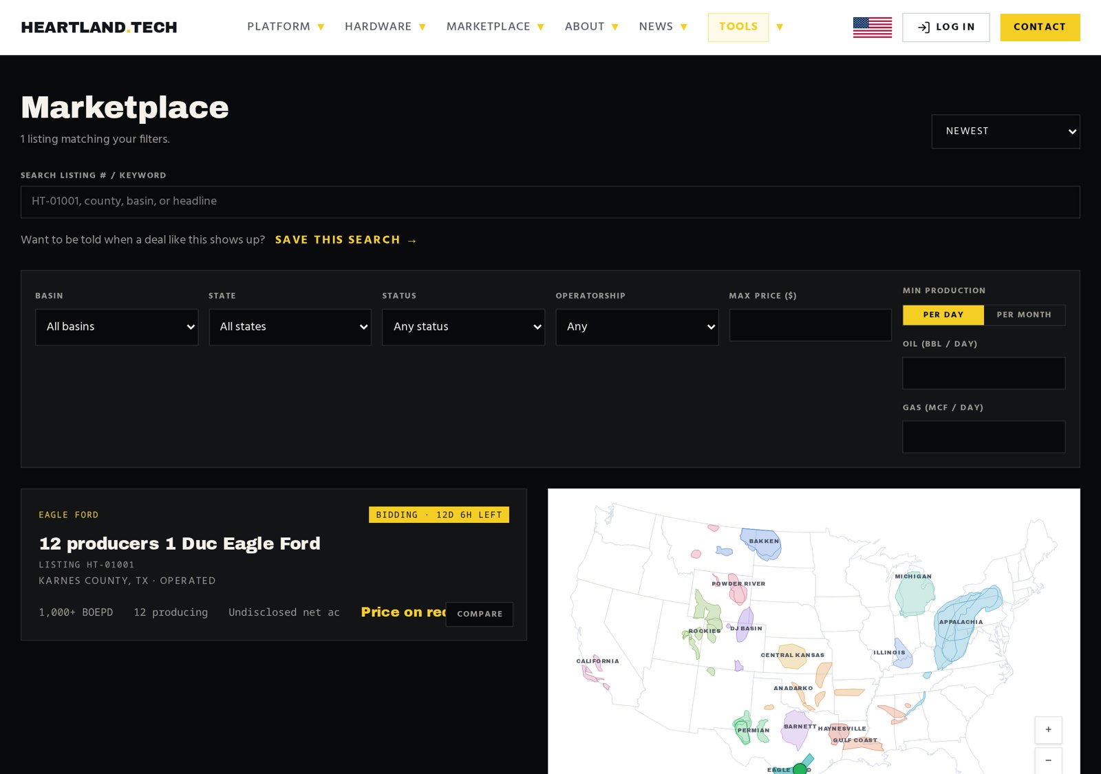 Heartland Tech marketplace listing search with basin, state, and production filters