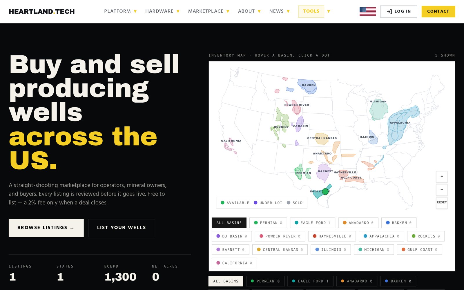 Heartland Tech marketplace inventory map showing producing oil and gas basins across the United States